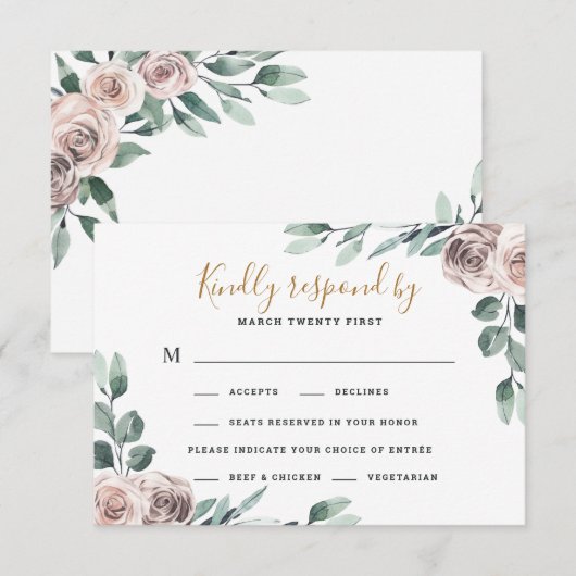 Stoffelijk Roos 2 Maaltijdkeuze Groen Bloemenbruil RSVP Kaartje (Voorkant / Achterkant)