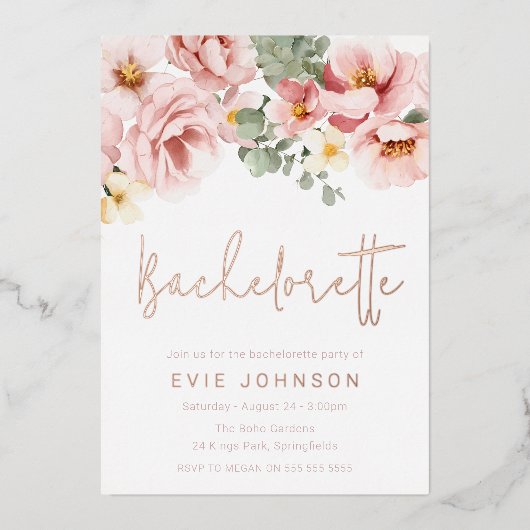 Stoffelijk Roos Bloemen Bachelorette Party Roos Go Folie Uitnodiging (Voorkant)