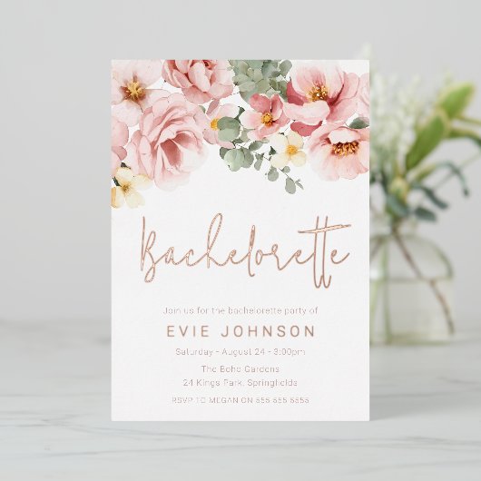 Stoffelijk Roos Bloemen Bachelorette Party Roos Go Folie Uitnodiging (Staand Voorkant)