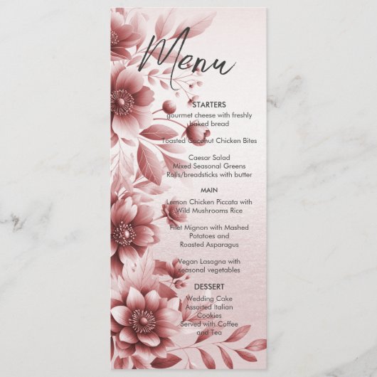 Stoffelijk Roos Bloemen Bruiloft Menu (Voorkant)