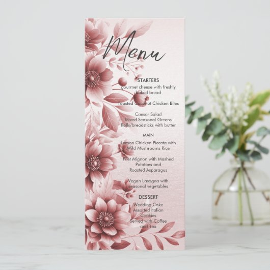 Stoffelijk Roos Bloemen Bruiloft Menu (Staand voorkant)