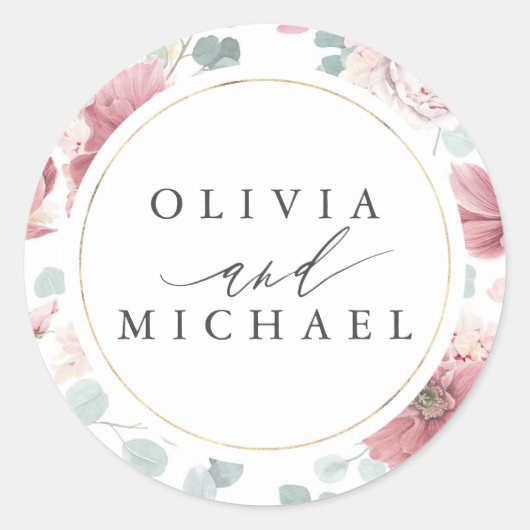 Stoffelijk Roos Bloemen en Goud Lijst Elegant Brui Ronde Sticker (Voorkant)