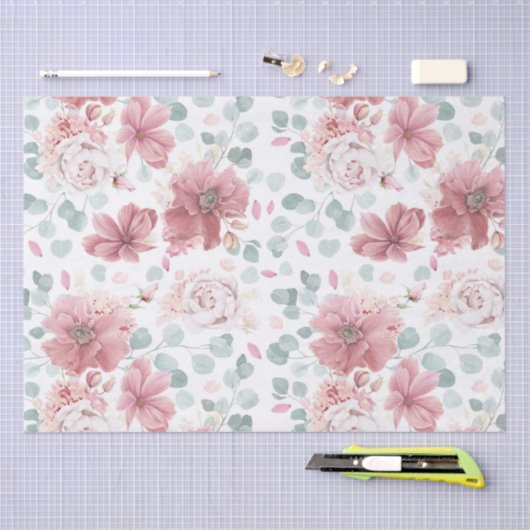 Stoffelijk Roos Bloemen en Groen Elegant Tissuepapier (Craft)