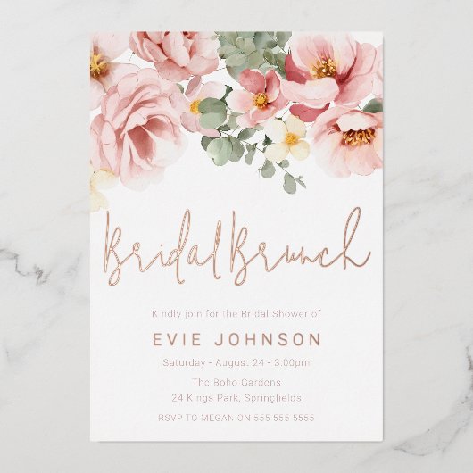 Stoffelijk Roos Bloemen Vrijgezellenfeest Brunch R Folie Uitnodiging (Voorkant)