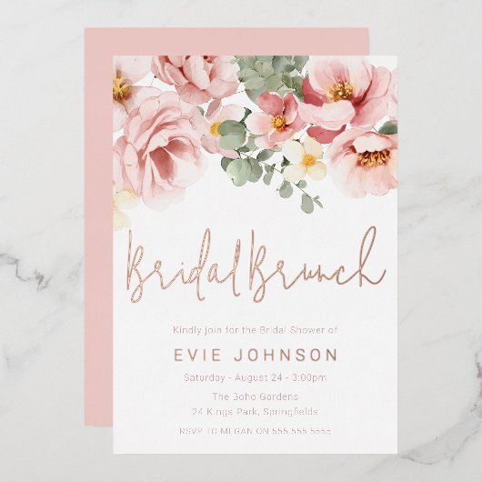 Stoffelijk Roos Bloemen Vrijgezellenfeest Brunch R Folie Uitnodiging (Voorkant / Achterkant)