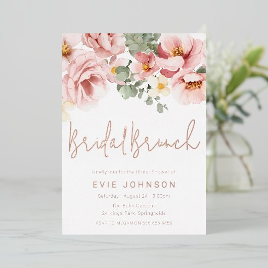 Stoffelijk Roos Bloemen Vrijgezellenfeest Brunch R Folie Uitnodiging (Staand Voorkant)