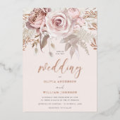 Stoffelijk Roos Blush Bloemen Herfst Bruiloft Roos Folie Uitnodiging (Voorkant)