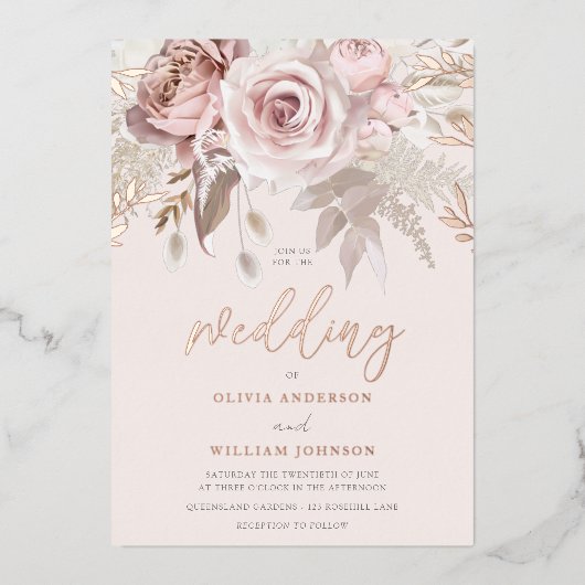 Stoffelijk Roos Blush Bloemen Herfst Bruiloft Roos Folie Uitnodiging (Voorkant)