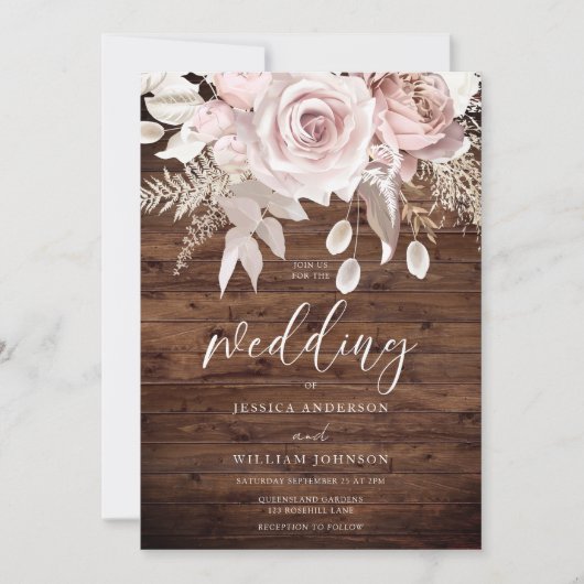 Stoffelijk Roos & Blush Bloemen Rustieke Bruiloft Kaart (Voorkant)