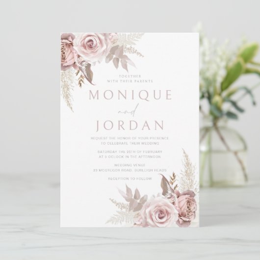 Stoffelijk Roos Blush Boho Bruiloft Kaart (Staand voorkant)