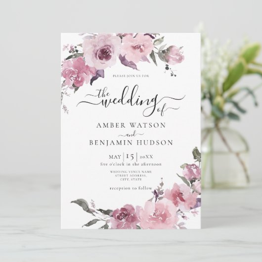 Stoffelijk Roos Blush Mauve Lila Bloemen Bruiloft Kaart (Staand voorkant)