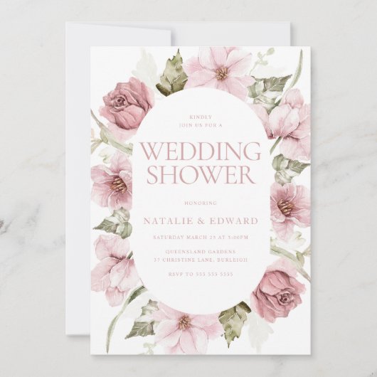 Stoffelijk Roos, Blush & Sage Waterverf Trouwdouch Kaart (Voorkant)