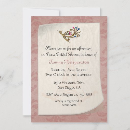 Stoffelijk Roos Damask Bruidsdouche Uitnodiging (Voorkant)