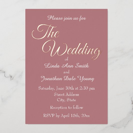 Stoffelijk Roos Eenvoudige Stijl Bruiloft Folie Uitnodiging (Voorkant)