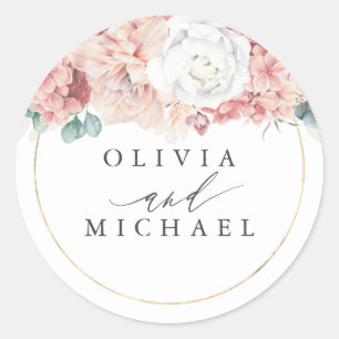 Stoffelijk Roos en Blush Flowers Elegante bruiloft Ronde Sticker