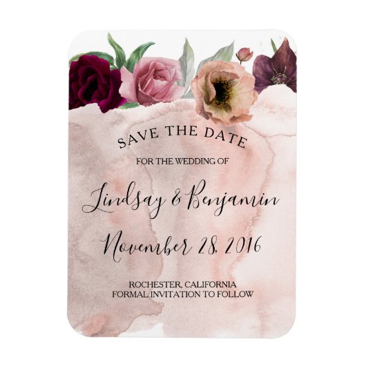Stoffelijk Roos en Bourgogne Bloemen Save the Date Magneet (Verticaal)