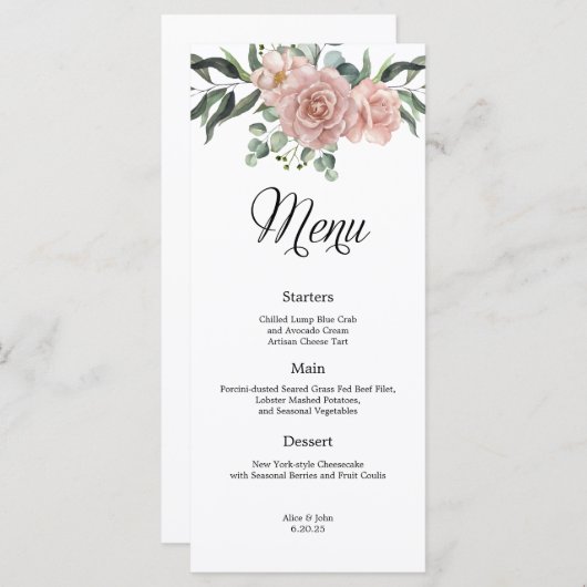 Stoffelijk Roos en groen Bloemenbruiloft Menu (Voorkant / Achterkant)