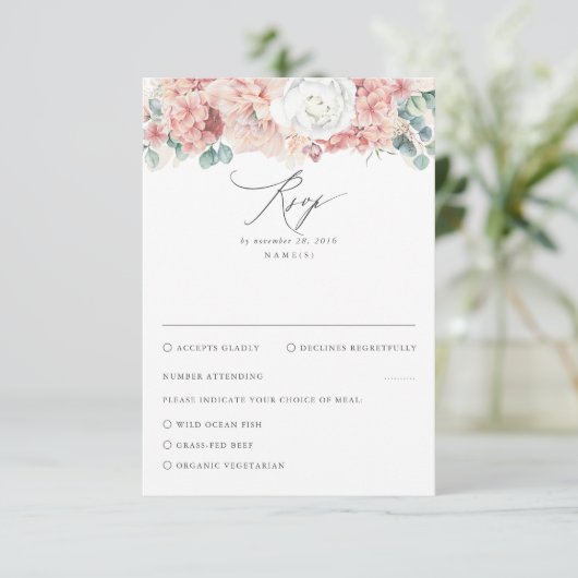 Stoffelijk Roos en Perzik Bloemen Bruiloft RSVP (Staand voorkant)