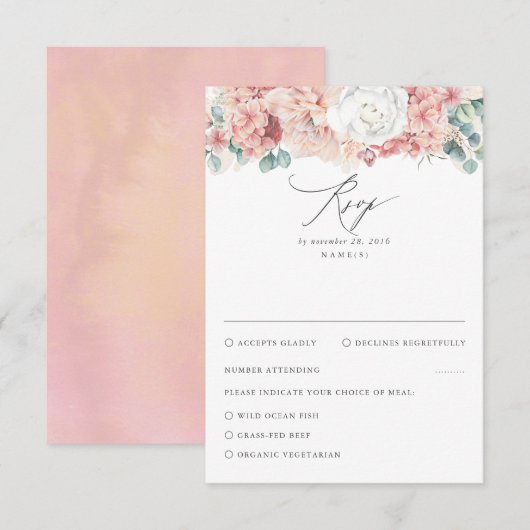 Stoffelijk Roos en Perzik Bloemen Bruiloft RSVP (Voorkant / Achterkant)