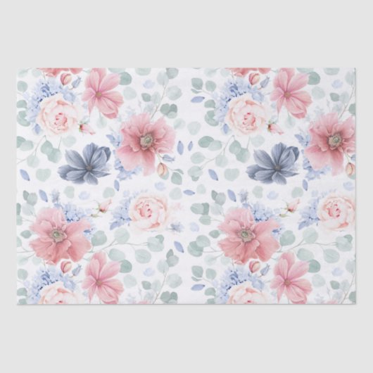 Stoffelijk Roos en Stoffig Blauw Bloemen Botanisch Tissuepapier (Voorkant)