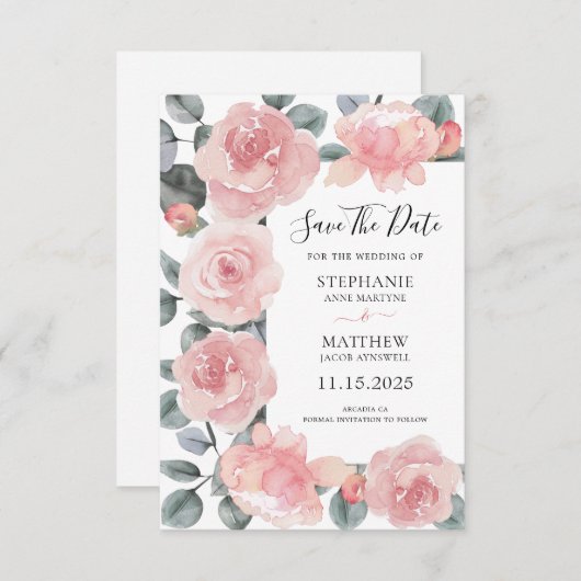 Stoffelijk Roos Eucalyptus Waterverf Bloemenbruilo Save The Date (Voorkant / Achterkant)