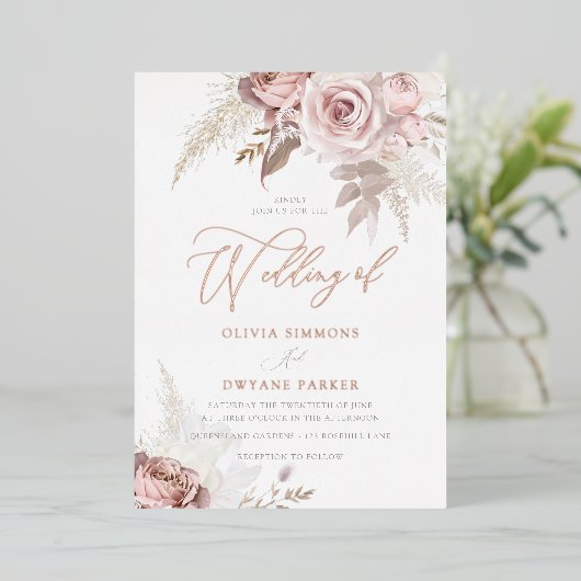 Stoffelijk Roos Folie Elegantie Blush Bloemen Brui Folie Uitnodiging (Staand Voorkant)