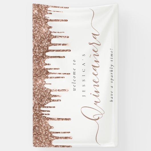 Stoffelijk Roos Glitter Drips Welkom bij Quinceañe Spandoek (Verticaal)