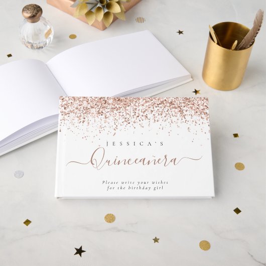 Stoffelijk Roos Glitter Quinceanera Gastenboek (Voorkant open)