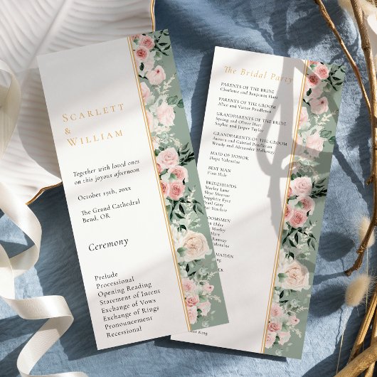 Stoffelijk Roos Goud Sage Groen Modern Bruiloft Programmakaart