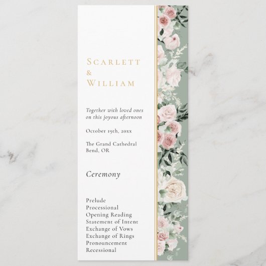 Stoffelijk Roos Goud Sage Groen Modern Bruiloft Programmakaart (Voorkant)