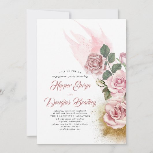 Stoffelijk Roos & Gouden Glitter Bloemen Verloving Kaart (Voorkant)