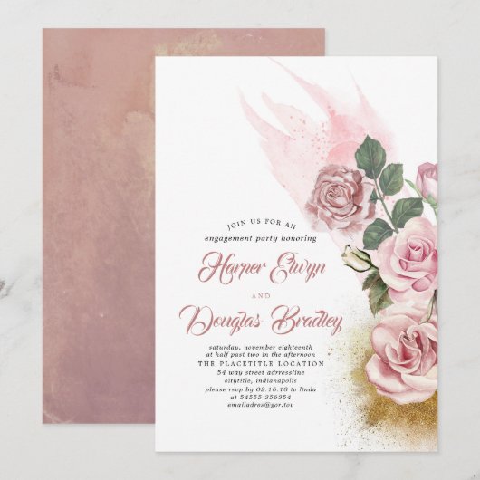 Stoffelijk Roos & Gouden Glitter Bloemen Verloving Kaart (Voorkant / Achterkant)