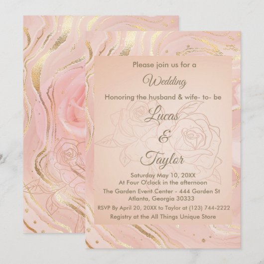 Stoffelijk Roos & Gouden Huwelijksuitnodiging Kaart (Voorkant / Achterkant)