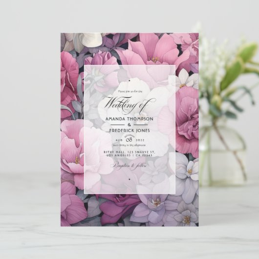 Stoffelijk Roos, grijs en zilveren bloemenbruiloft Kaart (Staand voorkant)