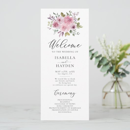 Stoffelijk Roos Mauve Bloemen Rustieke Waterverf B Programmakaart (Staand voorkant)