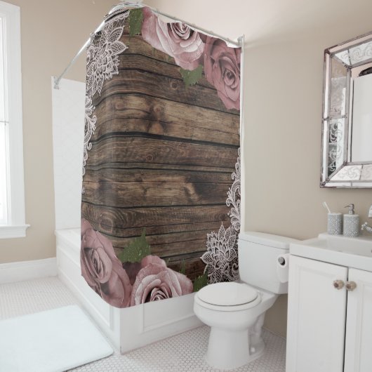 Stoffelijk Roos Mauve Rozen Bloemen Kant Hout Rust Douchegordijn (In situ)