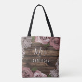 Stoffelijk Roos Mauve Rozen Bloemen Kant Hout Rust Tote Bag (Achterkant)
