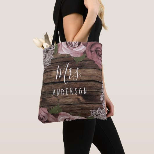 Stoffelijk Roos Mauve Rozen Bloemen Kant Hout Rust Tote Bag (Dichtbij)