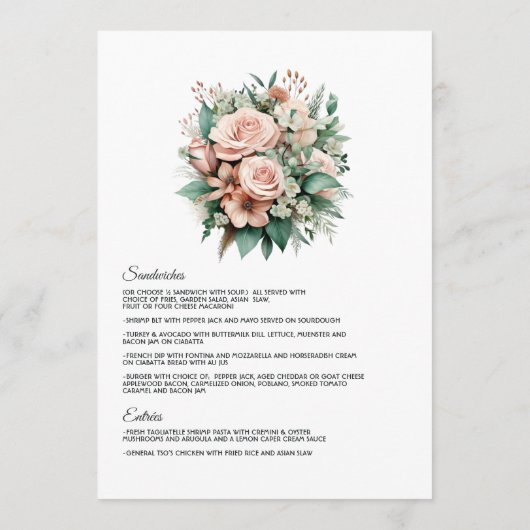 Stoffelijk Roos, Mint Groen, en Blush Bloemen Brui Menu (Achterkant)