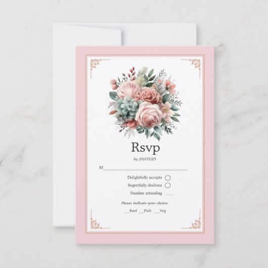Stoffelijk Roos, Mint Groen, en Blush Bloemen Brui RSVP Kaartje (Voorkant)