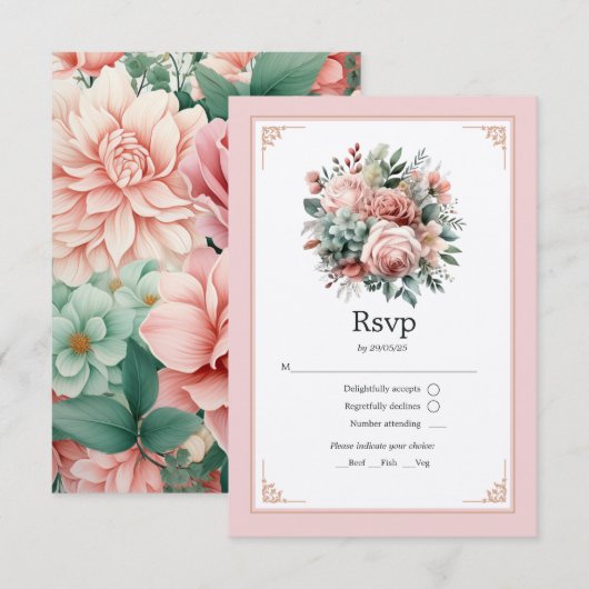 Stoffelijk Roos, Mint Groen, en Blush Bloemen Brui RSVP Kaartje (Voorkant / Achterkant)