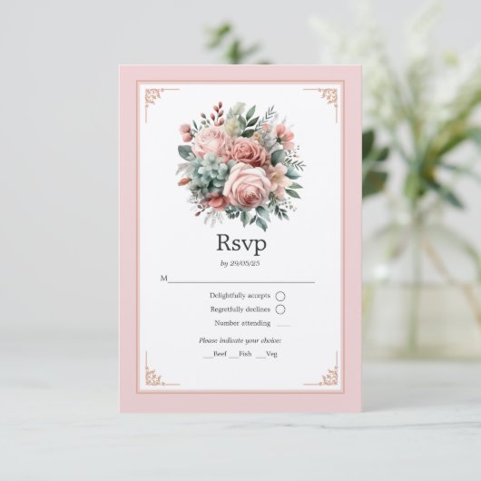 Stoffelijk Roos, Mint Groen, en Blush Bloemen Brui RSVP Kaartje (Staand voorkant)