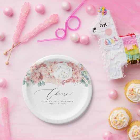 Stoffelijk Roos Perzik Bloemen Elegant Botanisch Papieren Bordje (Feest)