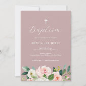 Stoffelijk Roos Roze Bloemen Doop Uitnodiging (Voorkant)