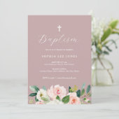 Stoffelijk Roos Roze Bloemen Doop Uitnodiging (Staand voorkant)