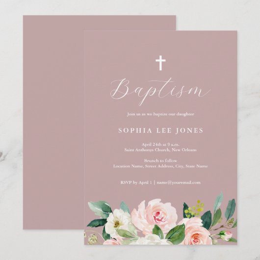 Stoffelijk Roos Roze Bloemen Doop Uitnodiging (Voorkant / Achterkant)