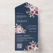 Stoffelijk Roos Roze Bloemen Navy Blauw QR Code Br All In One Uitnodiging (Binnen)