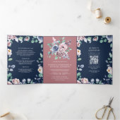 Stoffelijk Roos Roze Bloemen Navy Blauw QR Code Br Drieluik Uitnodiging (Binnen)