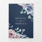 Stoffelijk Roos Roze Bloemen Navy Blauw QR Code Br Drieluik Uitnodiging (Cover)