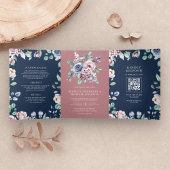Stoffelijk Roos Roze Bloemen Navy Blauw QR Code Br Drieluik Uitnodiging